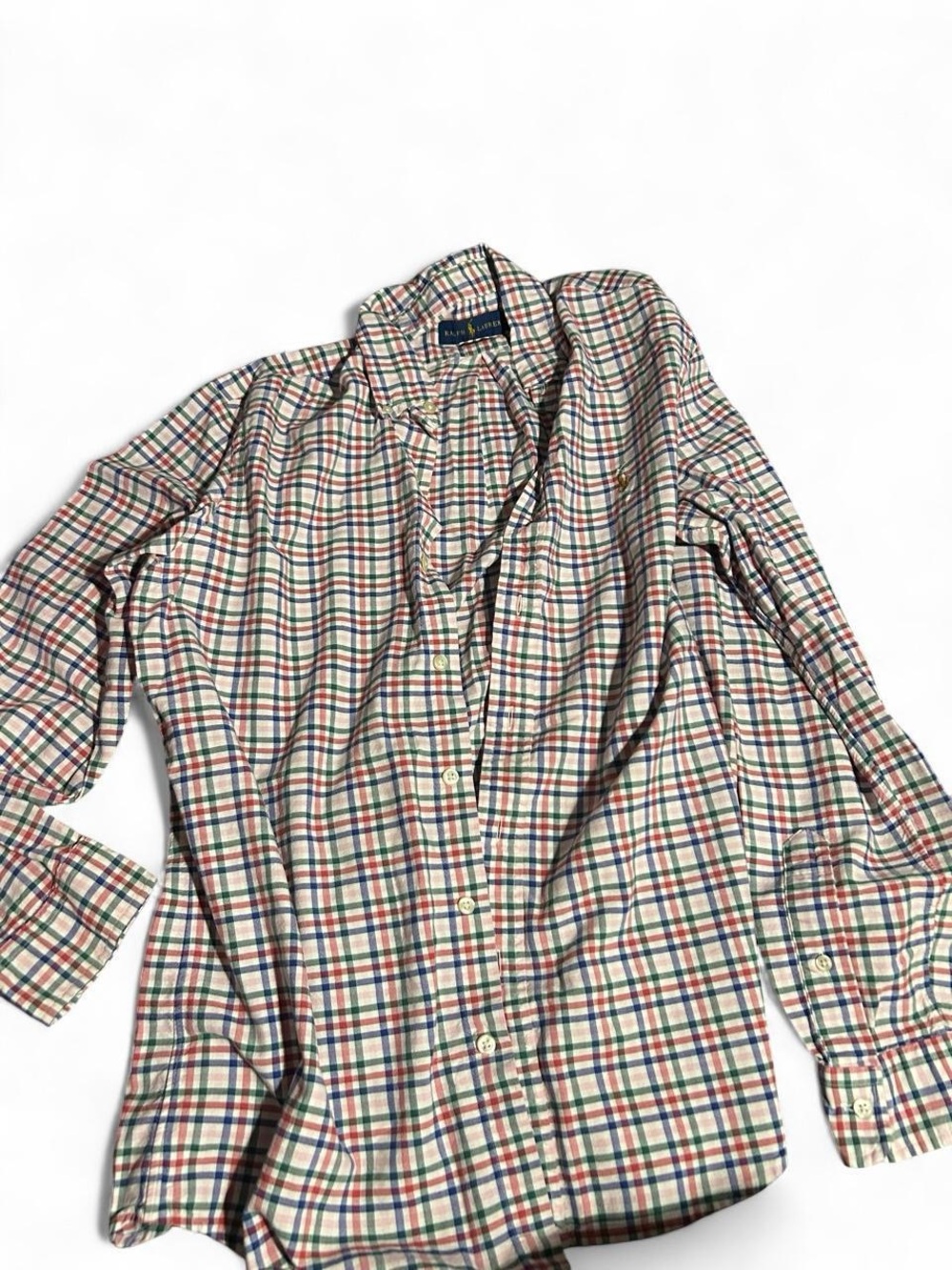 Ralph Lauren Cream Plaid Button-Down Shirt with Red & Green Stripes